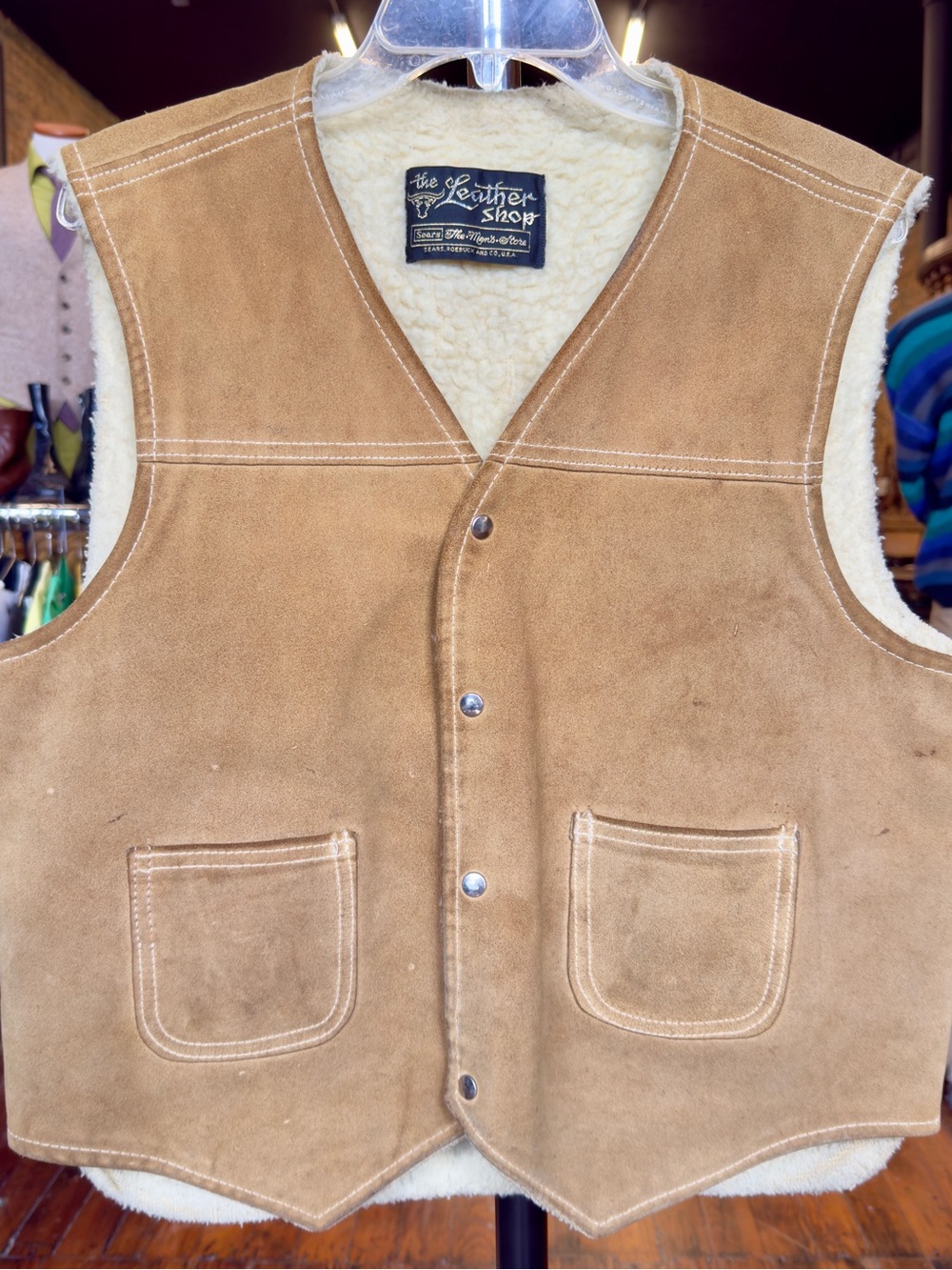 Vintage 70s Sears “The Leather Shop” Sherpa Lined Tan Suede Leather Western Vest